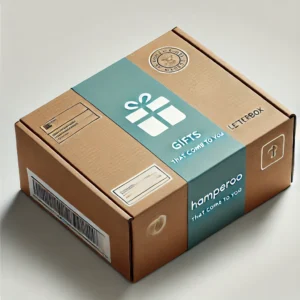 A clean product image of a closed brown cardboard chocolate hamper box styled for letterbox gifting, shown on a plain white background. The box is com