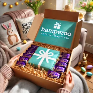 A festive Easter-themed lifestyle image showing a chocolate hamper box being unwrapped on a cozy sofa. The box is brown cardboard with a centered aqua
