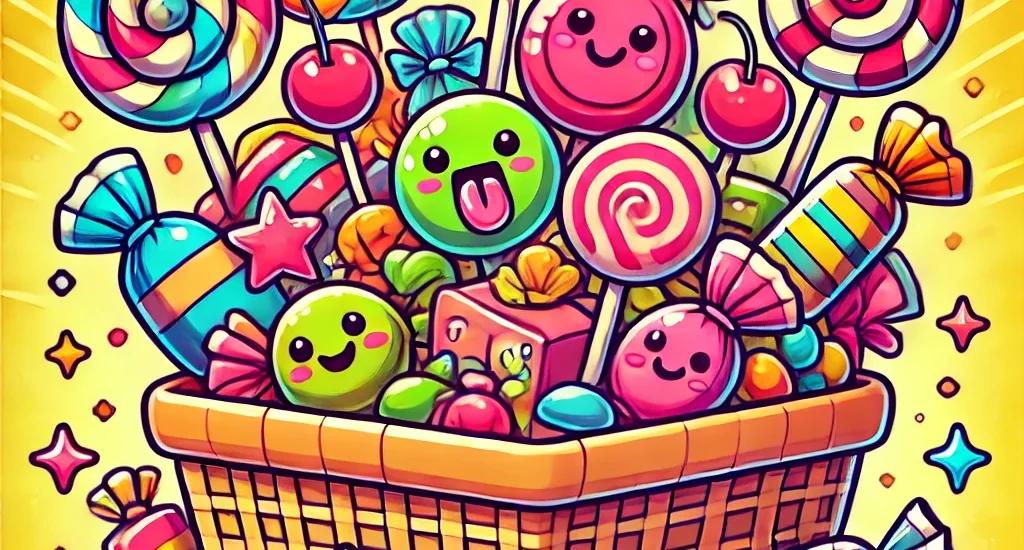 A colorful cartoon-style retro sweet hamper filled with nostalgic candies like flying saucers, cola bottles, and candy sticks, with smiling faces and playful expressions.