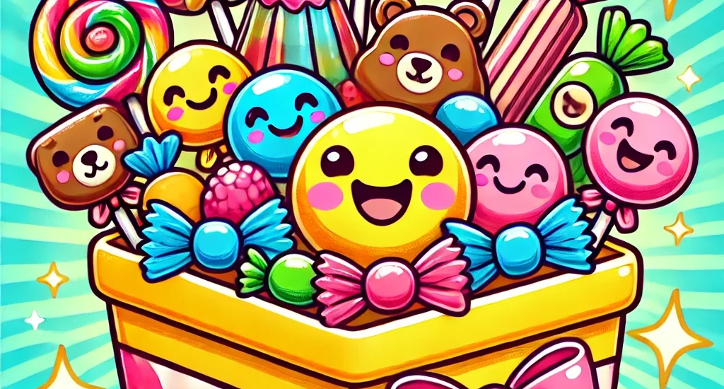 Cartoon-style illustration of a sweet hamper filled with colorful candies like lollipops, gummy bears, jelly beans, and wrapped sweets. Each candy