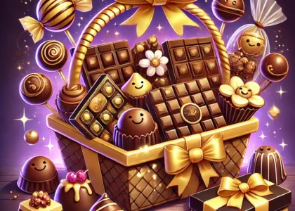 Cartoon-style illustration of a luxury chocolate hamper. The basket is filled with shiny, golden-wrapped truffles, dark chocolate bars with elegant