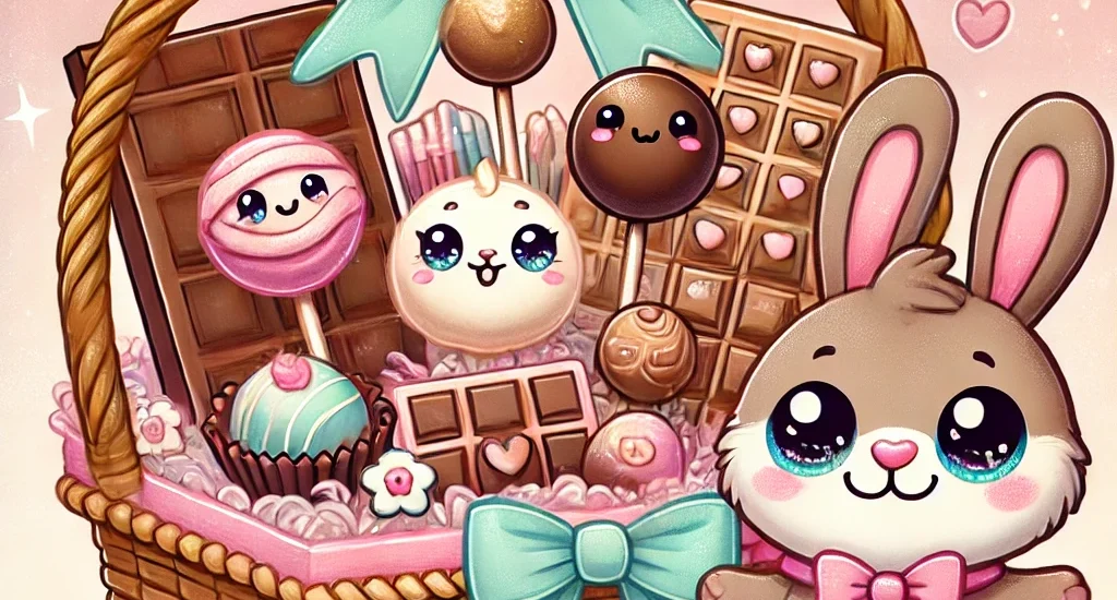 Cartoon-style illustration of a luxury chocolate hamper with cute characters. A fancy basket filled with pastel-wrapped truffles, artisan chocolate