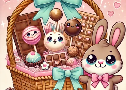 Cartoon-style illustration of a luxury chocolate hamper with cute characters. A fancy basket filled with pastel-wrapped truffles, artisan chocolate
