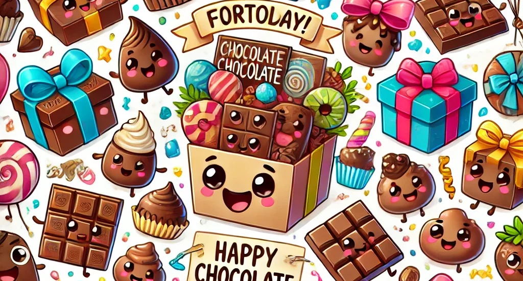 A fun cartoon illustration of assorted chocolate gifts, including truffles, chocolate bars, and strawberries, each decorated for birthdays, thank-yous, and celebrations, with smiling chocolate characters.