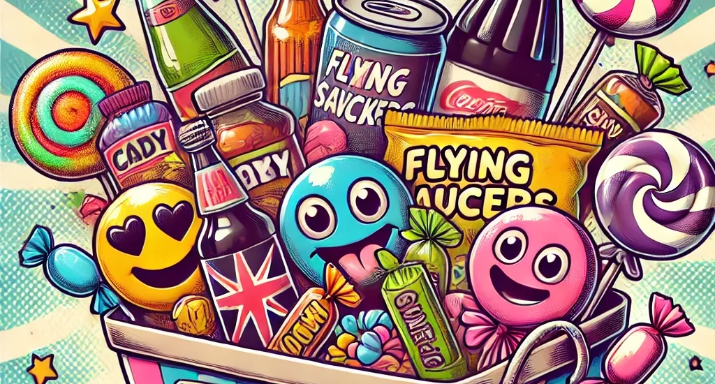 Cartoon-style illustration of a retro sweet hamper filled with nostalgic candies like flying saucers, fizzy cola bottles, and candy necklaces, with smiley faces and bright, playful packaging.