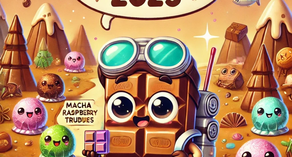 Cartoon chocolate bar explorer with truffle sidekicks in a candy landscape, exploring new chocolate flavors of 2025.