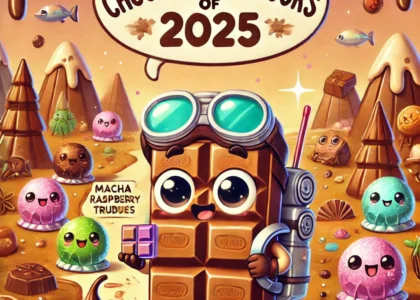 Cartoon chocolate bar explorer with truffle sidekicks in a candy landscape, exploring new chocolate flavors of 2025.