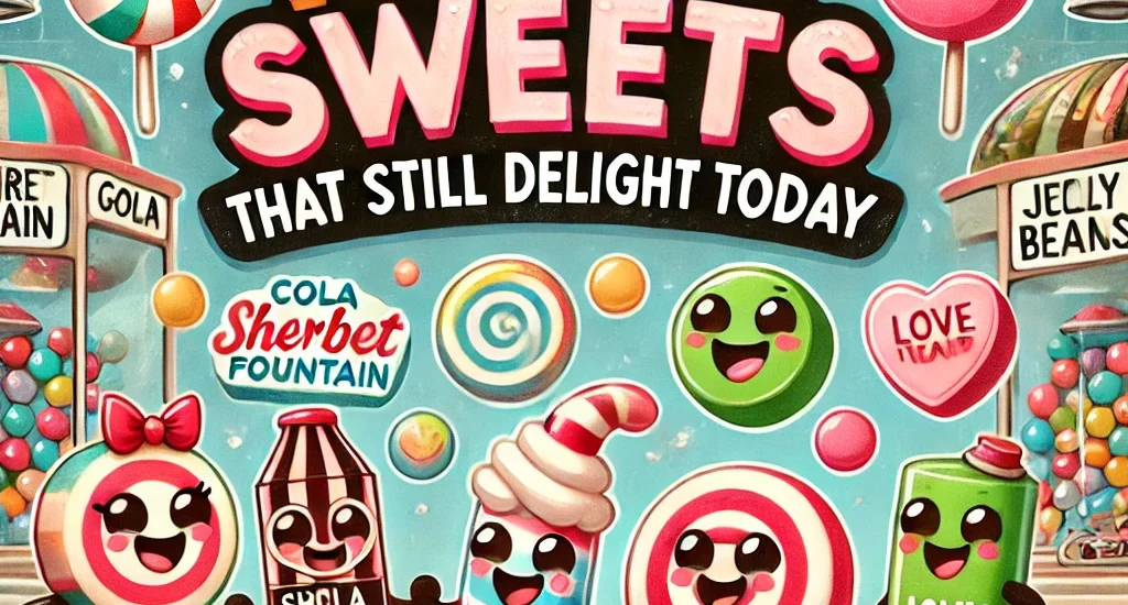 Cartoon retro sweets with smiling faces in a nostalgic candy shop setting.
