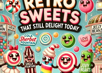 Cartoon retro sweets with smiling faces in a nostalgic candy shop setting.