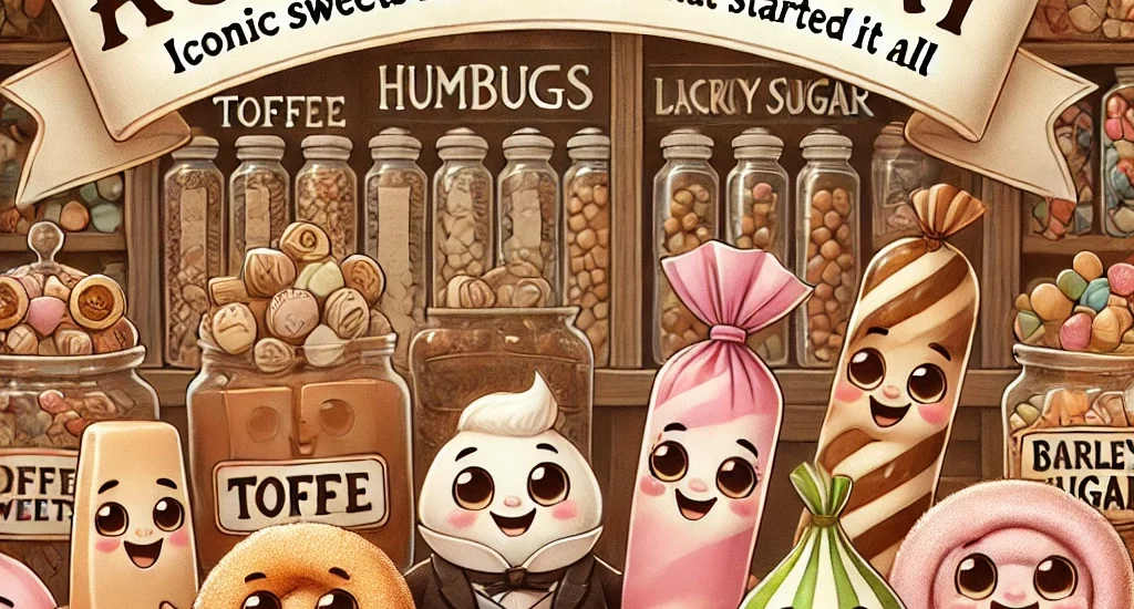 Cartoon vintage sweets with smiling faces in a 1900s-style sweet shop.