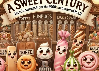 Cartoon vintage sweets with smiling faces in a 1900s-style sweet shop.