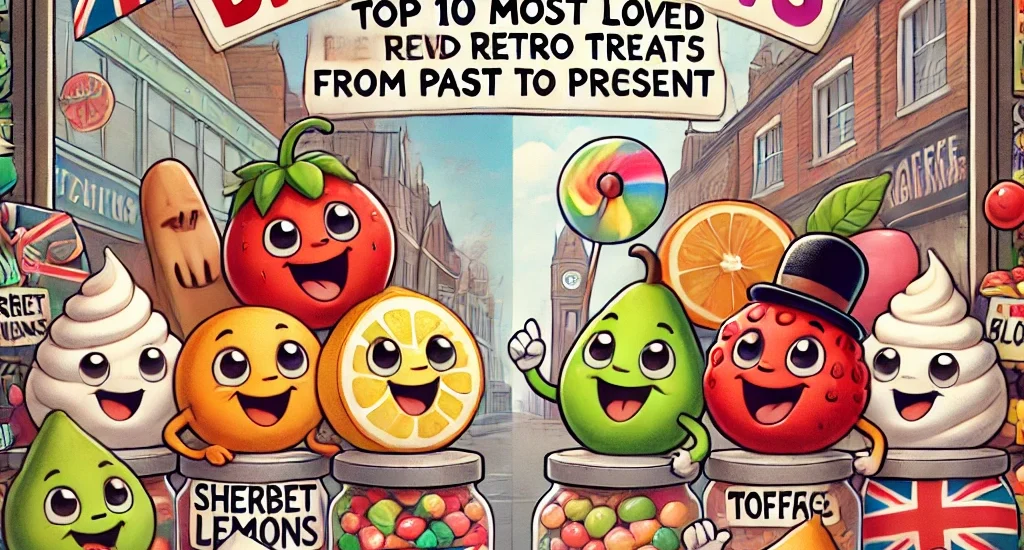 Cartoon British retro sweets bridging a vintage and modern sweet shop.