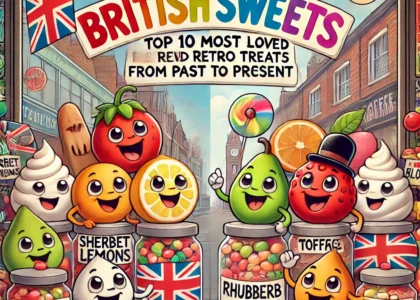 Cartoon British retro sweets bridging a vintage and modern sweet shop.