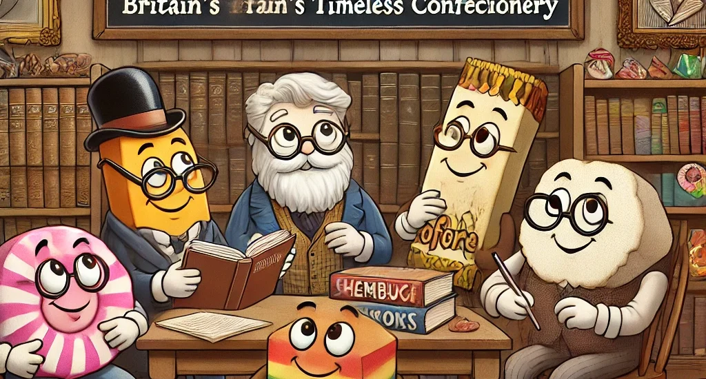 Cartoon retro British sweets studying in a vintage library setting.