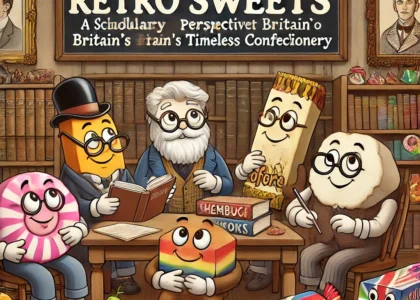 Cartoon retro British sweets studying in a vintage library setting.