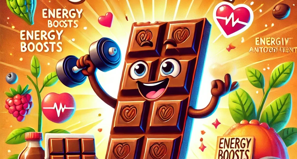 Cartoon chocolate bar character promoting health benefits like energy and heart health.