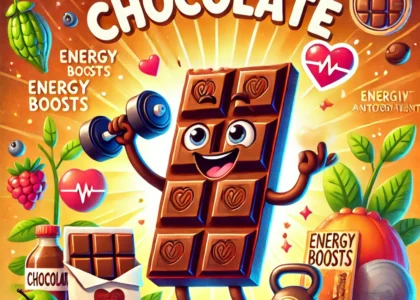 Cartoon chocolate bar character promoting health benefits like energy and heart health.