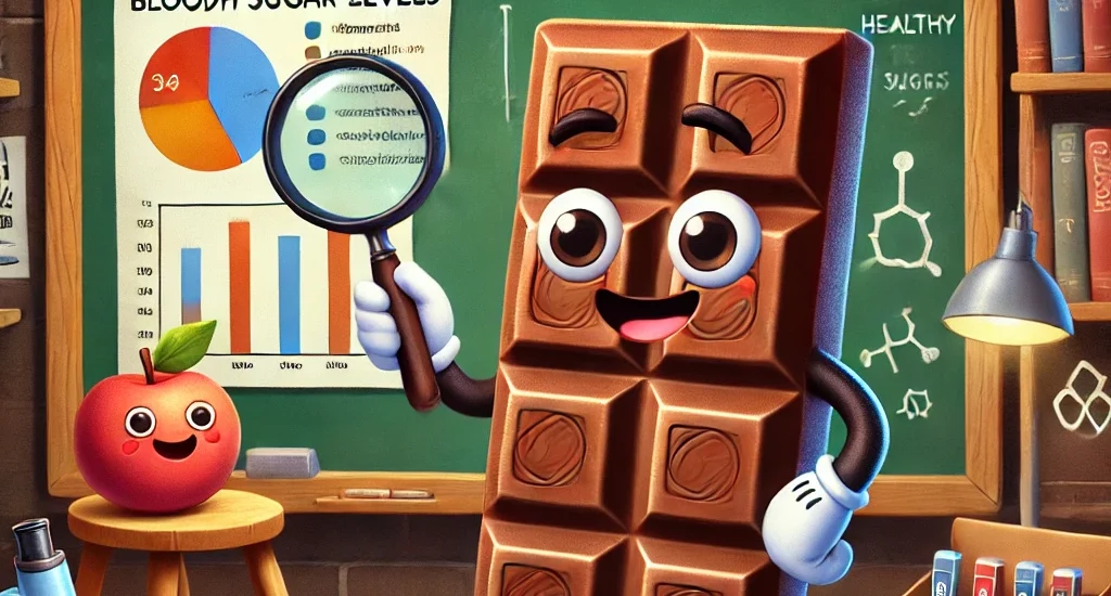 Cartoon chocolate bar examining diabetes data in a laboratory setting.