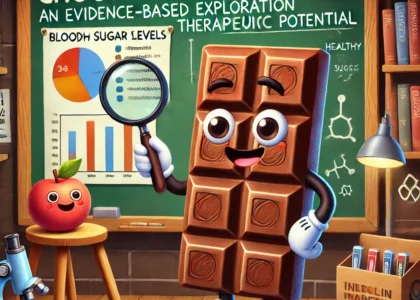 Cartoon chocolate bar examining diabetes data in a laboratory setting.