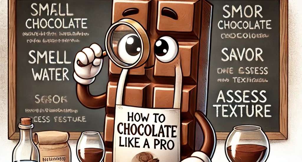 Cartoon chocolate bar character studying chocolate with a magnifying glass, surrounded by tasting tools.