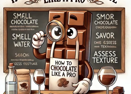 Cartoon chocolate bar character studying chocolate with a magnifying glass, surrounded by tasting tools.