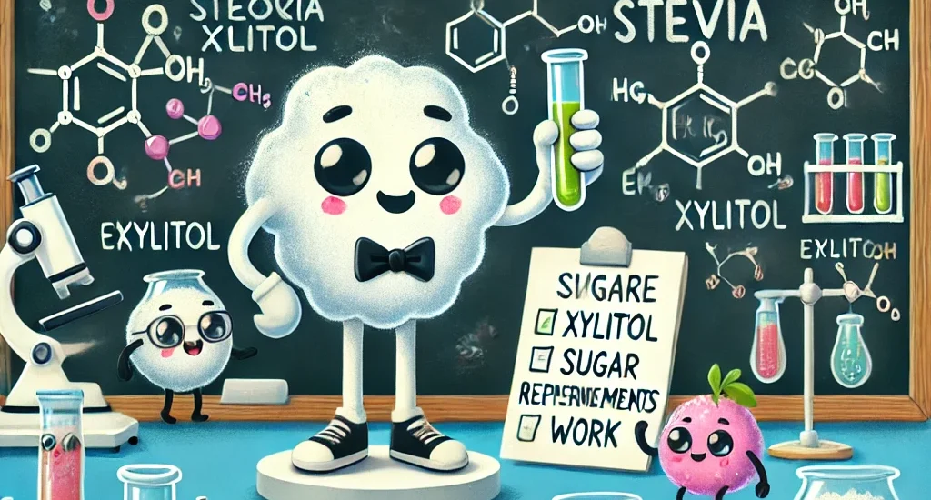 Cartoon sugar molecule character exploring sucrose and sugar replacements in a scientific lab.