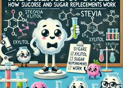 Cartoon sugar molecule character exploring sucrose and sugar replacements in a scientific lab.