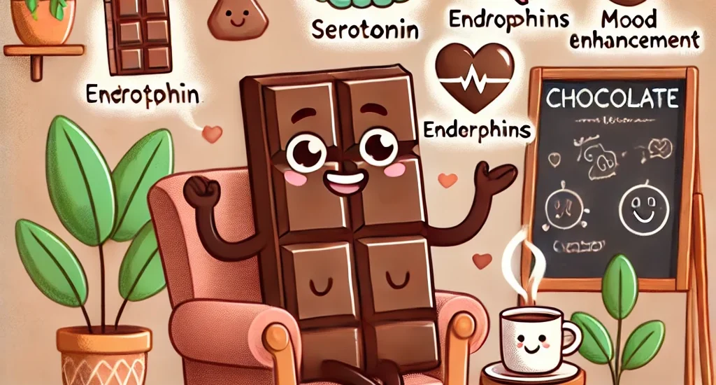 Cartoon chocolate bar character enjoying a cozy mood-boosting moment with cocoa and positive symbols.