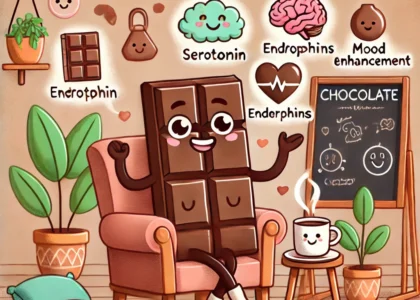 Cartoon chocolate bar character enjoying a cozy mood-boosting moment with cocoa and positive symbols.