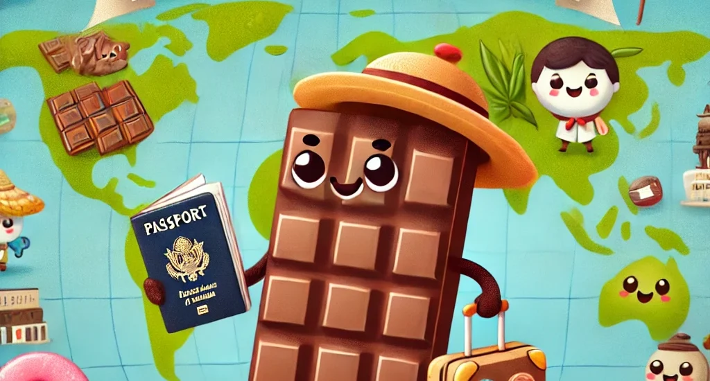 Cartoon chocolate bar character traveling the world to explore global chocolate traditions.