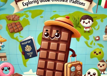 Cartoon chocolate bar character traveling the world to explore global chocolate traditions.