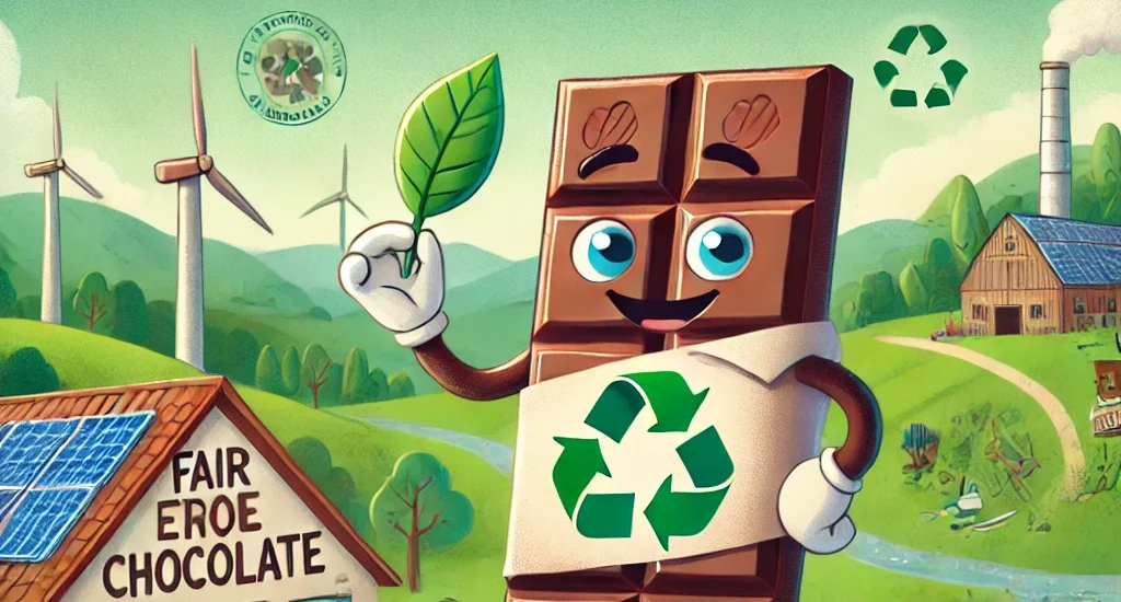 Cartoon chocolate bar promoting ethical practices, sustainability, and eco-friendly cocoa farming.