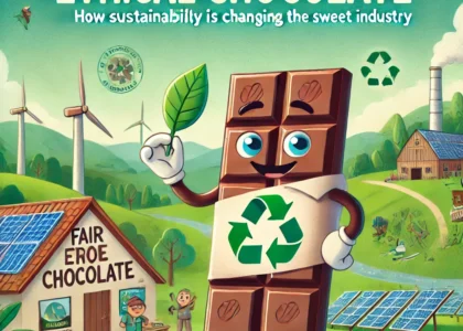 Cartoon chocolate bar promoting ethical practices, sustainability, and eco-friendly cocoa farming.