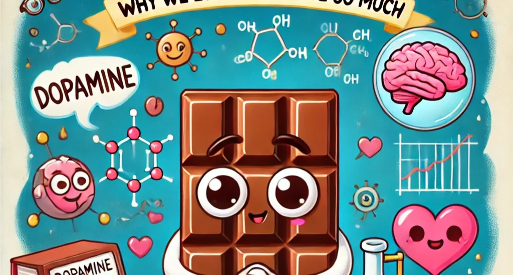 Cartoon chocolate bar character exploring the science behind chocolate cravings with research tools.