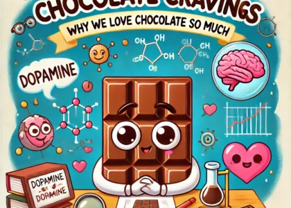 Cartoon chocolate bar character exploring the science behind chocolate cravings with research tools.