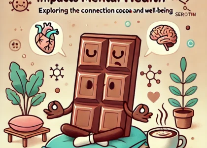 Cartoon chocolate bar character meditating in a peaceful setting with mental health symbols.