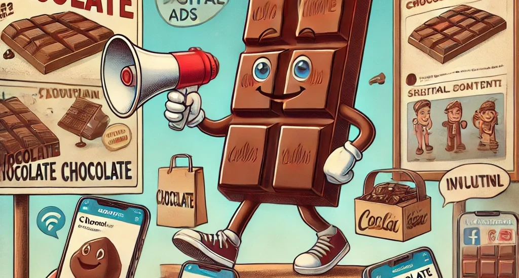 Cartoon chocolate bar character transitioning from traditional ads to modern digital marketing.