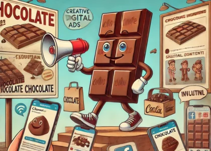Cartoon chocolate bar character transitioning from traditional ads to modern digital marketing.