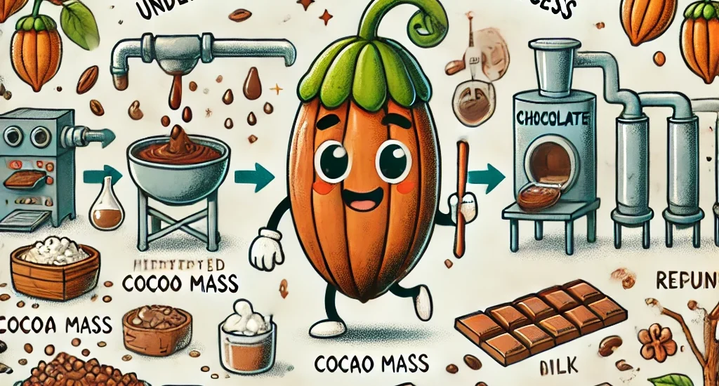 Cartoon cocoa bean character traveling through the chocolate-making process, from harvest to bar.