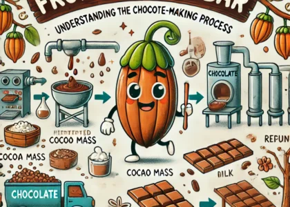 Cartoon cocoa bean character traveling through the chocolate-making process, from harvest to bar.