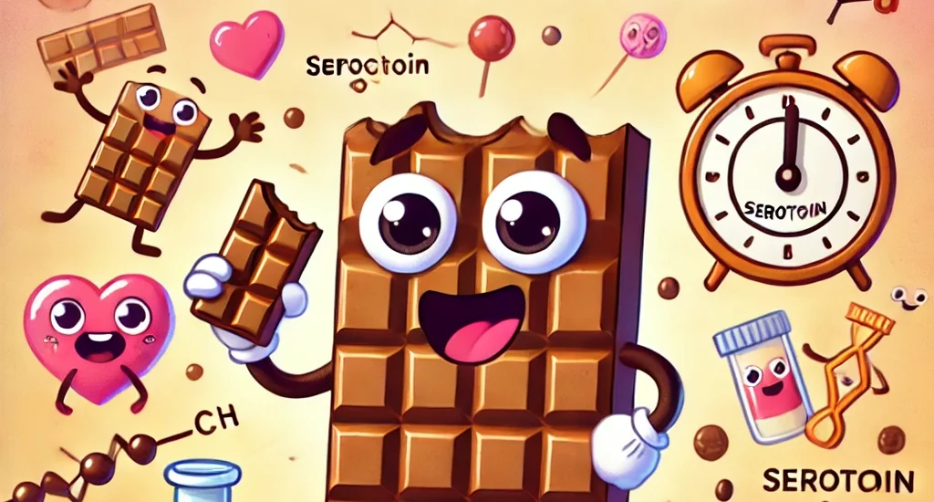 Cartoon chocolate bar character with craving expression surrounded by brain and dopamine molecules.