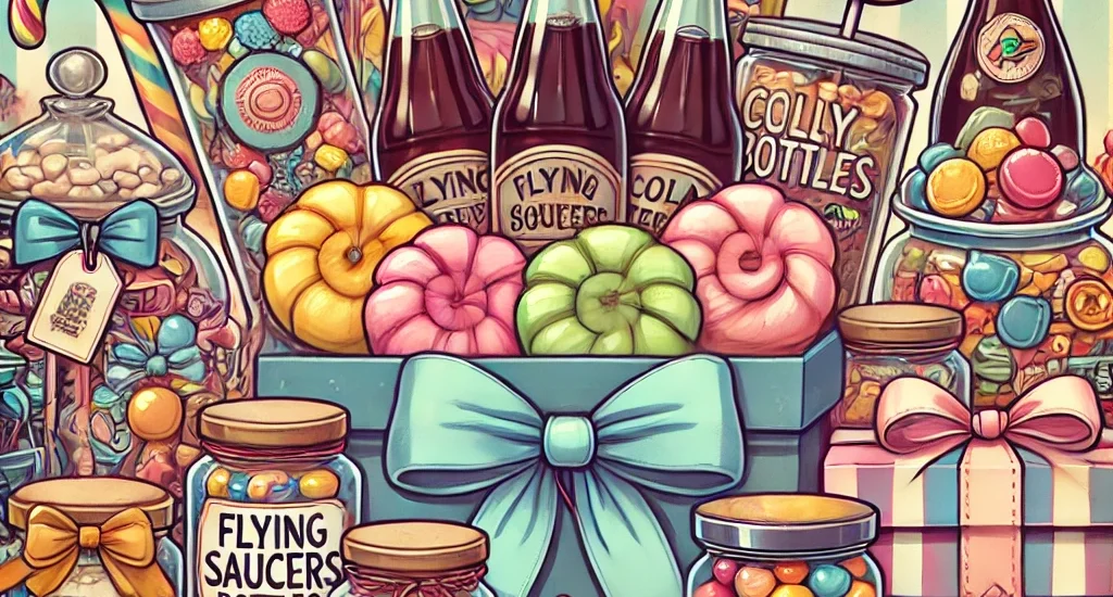 Cartoon illustration of retro sweets in gift hampers, glass jars, and decorative boxes with flying saucers, jelly beans, and more on a pastel background.