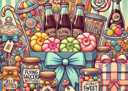Cartoon illustration of retro sweets in gift hampers, glass jars, and decorative boxes with flying saucers, jelly beans, and more on a pastel background.